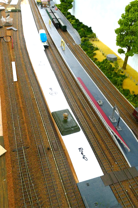 After a considerable delay, construction of the Up island platform 1 & 2 commenced. Here the templates are being prepared.
www.EwhurstGreen.com 
