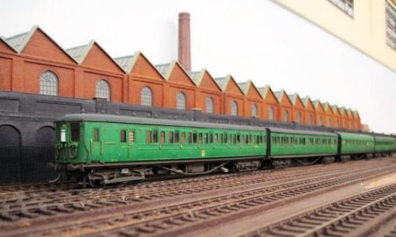 In early BR Green livery, 3 Car Motor Unit (now augmented to 4 SUB no.4428) on the Down Line. 
Ewhurst Green model railway
BR(S) British Railways Southern Region
Copyright www.EwhurstGreen.com
